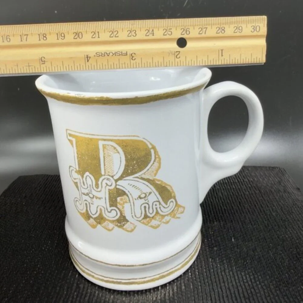 Williams Sonoma Brushed Gold Monogram Letter R Ceramic White Gold Coffee Mug Cup